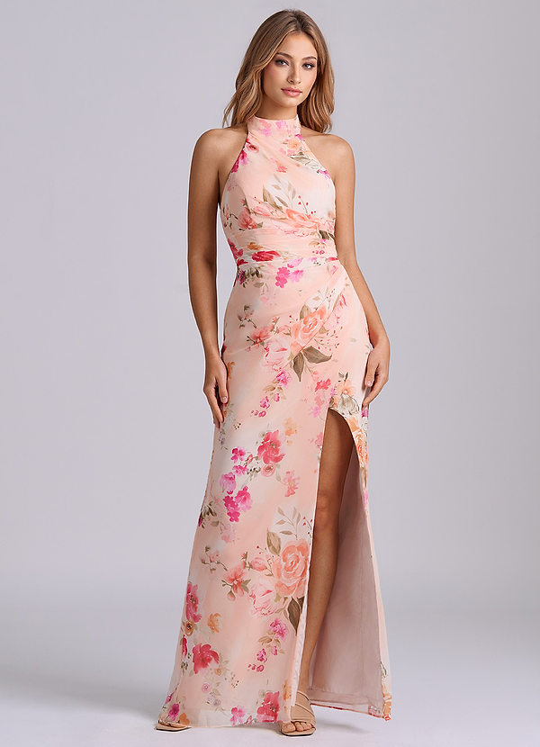 Azazie Jemma Bruidsmeisjes Jurken Jurk van Chiffon met Kolom Geplooid Abstract Boeket Bloemen image1