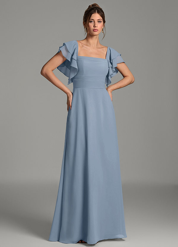Azazie Dacia Bridesmaid Dresses Dusty Blue A-Line Ruched Chiffon Dress image1