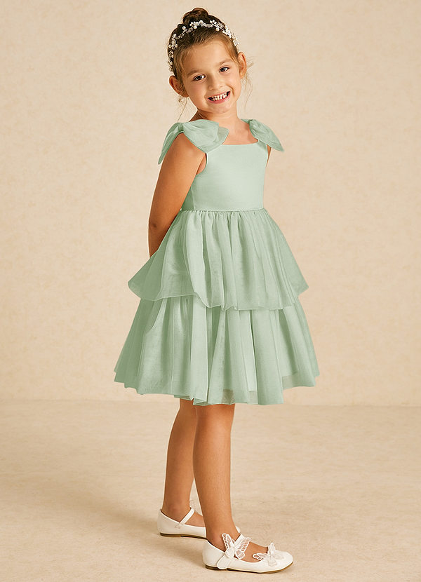 Azazie Vanellope Flower Girl Dresses Dusty Sage A-Line Bow Tulle Dress image1