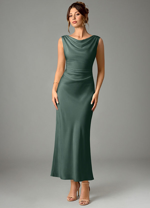 Azazie Kieryn Bridesmaid Dresses Sea Moss Mermaid Pleated Stretch Satin Dress image1
