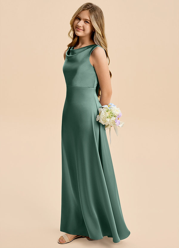 Azazie Kiki Junior Eucalyptus A-Line Bow Stretch Satin Dress image1