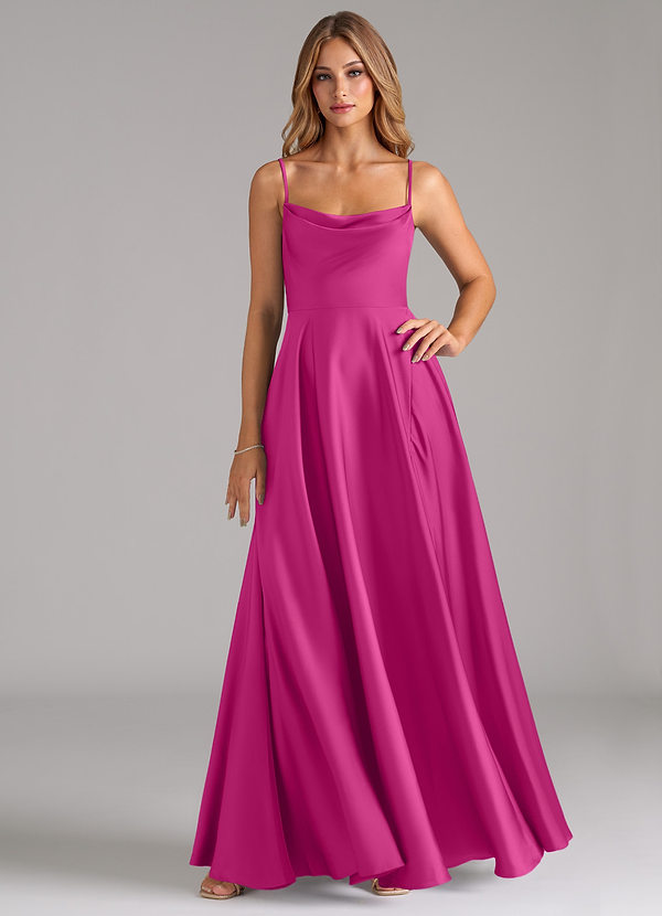Azazie Elle Bridesmaid Dresses Fuchsia A-Line Pleated Stretch Satin Dress image1