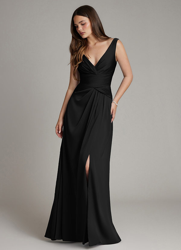 Azazie Pauline Bridesmaid Dresses Black A-Line Pleated Stretch Satin Dress image1