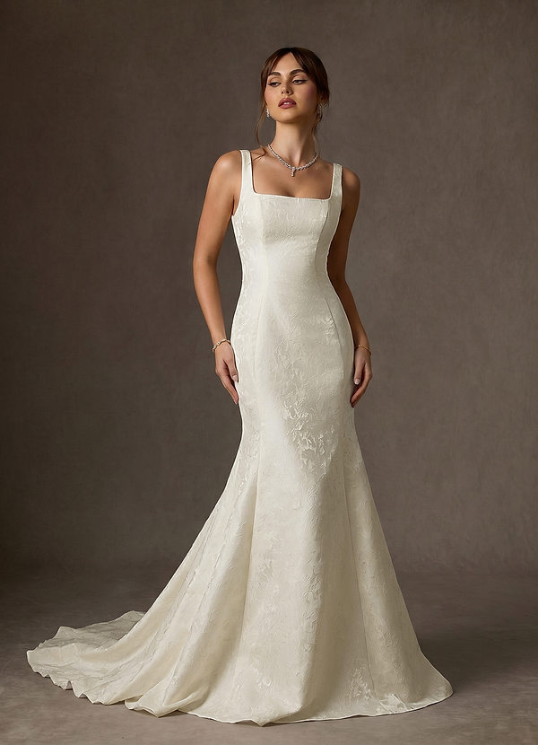 Azazie Quinn Wedding Dresses Cream Mermaid Square Neckline Floral Jacquard Dress image1