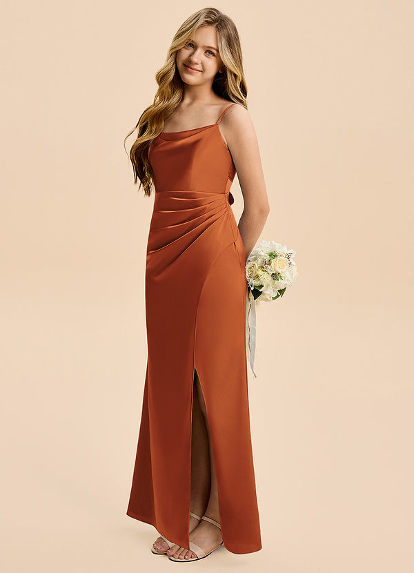 Azazie Christen Junior Linia A Pofałdowany Satyna elastyczna Długość podłogi Młodsza druhna Sukienka image1