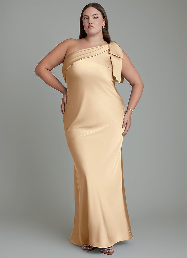 Azazie Yuanna Bruidsmeisjesjurken Jurk van Stretch Satijn met Zeemeermin One-shoulder Champagne image1