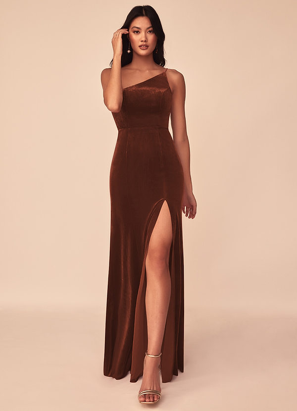 Azazie Kala Bridesmaid Dresses Terracotta A-Line One Shoulder Velvet Dress image1