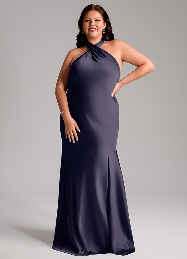 Azazie Lorena Robes Demoiselle d'honneur Robe Sirène en Satin extensible Plissée Bleu Orageux image1