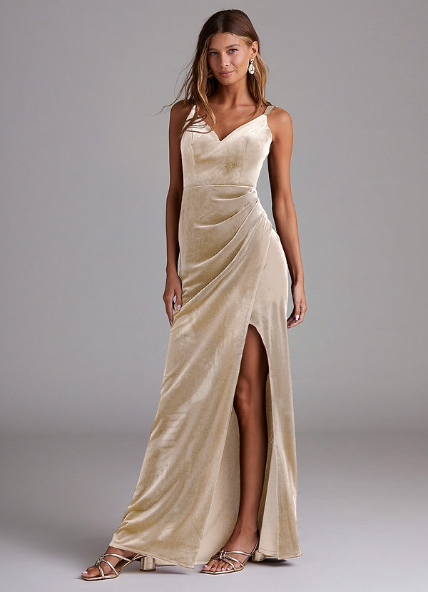 Azazie Leo Robes Demoiselle d'honneur Robe Fourreau en velours Plissée Champagne image1