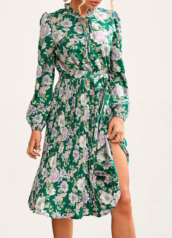 front Mulga Verde Vestido midi plisado de manga larga con estampado floral