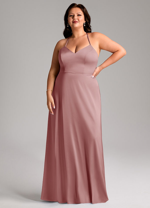 Azazie Mei Abiti da Damigella Abito A-Line in Raso Elasticizzato con Scollo a V Rosa Polverosa image1