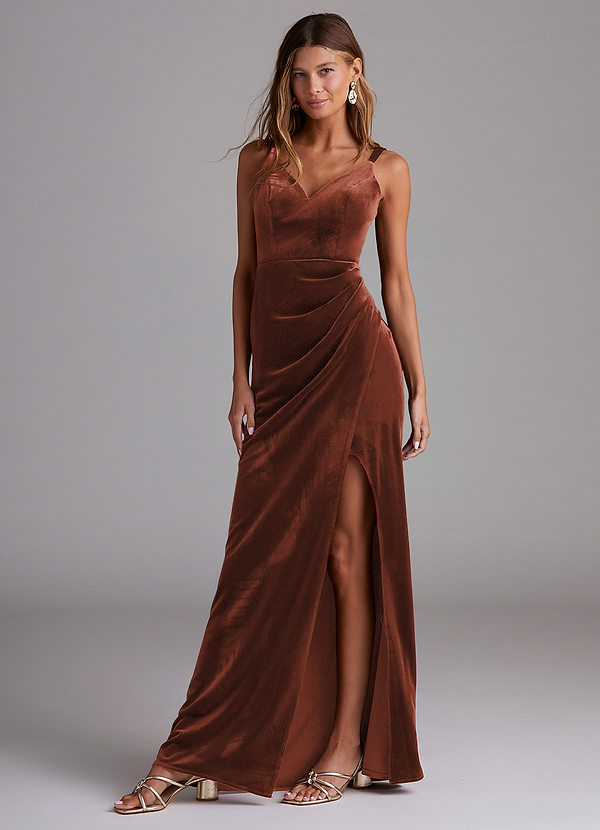 Azazie Leo Bridesmaid Dresses Terracotta Sheath Pleated Velvet Dress image1