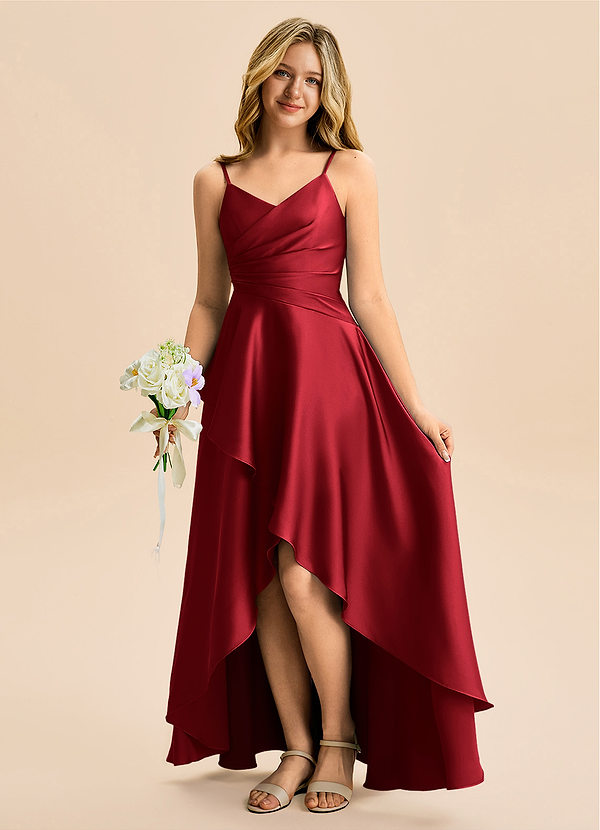 Azazie Eirlys Junior Scarlet A-Line Pleated Stretch Satin Dress image1