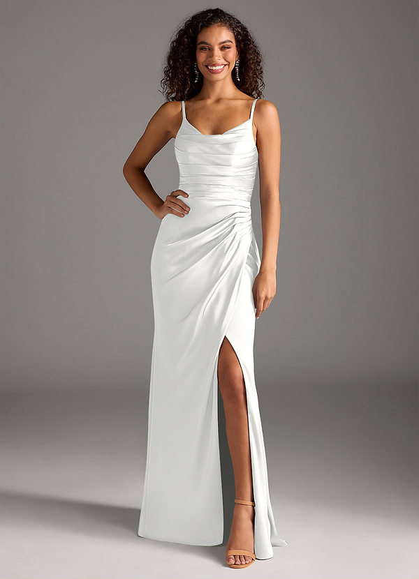 Azazie Deandra Vestidos de dama de honor Vestido Blanco de Satén Elástico de Corte Sirena con Plisado image1