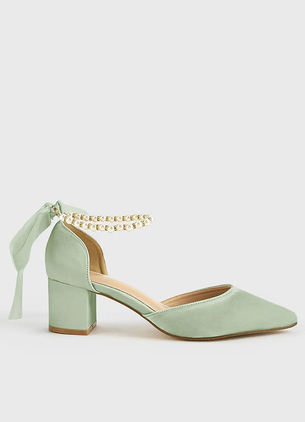 front Matching Color Matte Satin Pearl and Bow Pointed Toe Block Heels