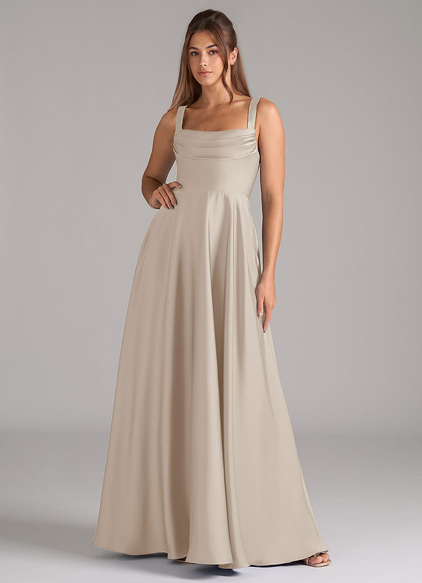 Azazie Shaude Bridesmaid Dresses Frost A-Line Pleated Stretch Satin Dress image1