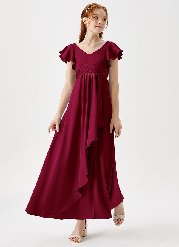 Azazie Omari Junior Burgundy A-Line Pleated Stretch Satin Dress image1