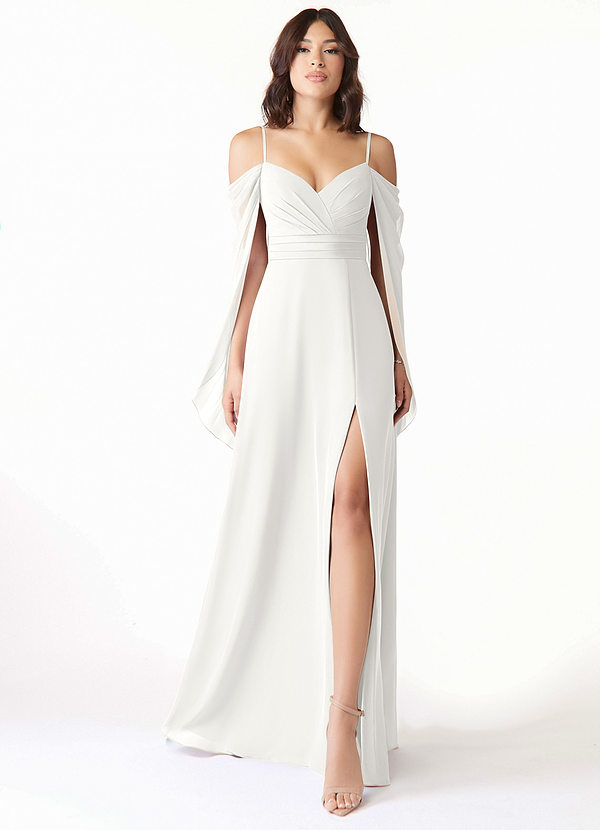 Azazie Cienna Brautjungfernkleider A-Linie Langarm Chiffon Kleid Weiß image1