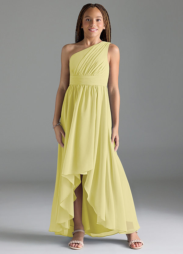 Azazie Mathilda Junior Robe Trapèze en Mousseline de soie Plissée Sorbet Citron image1
