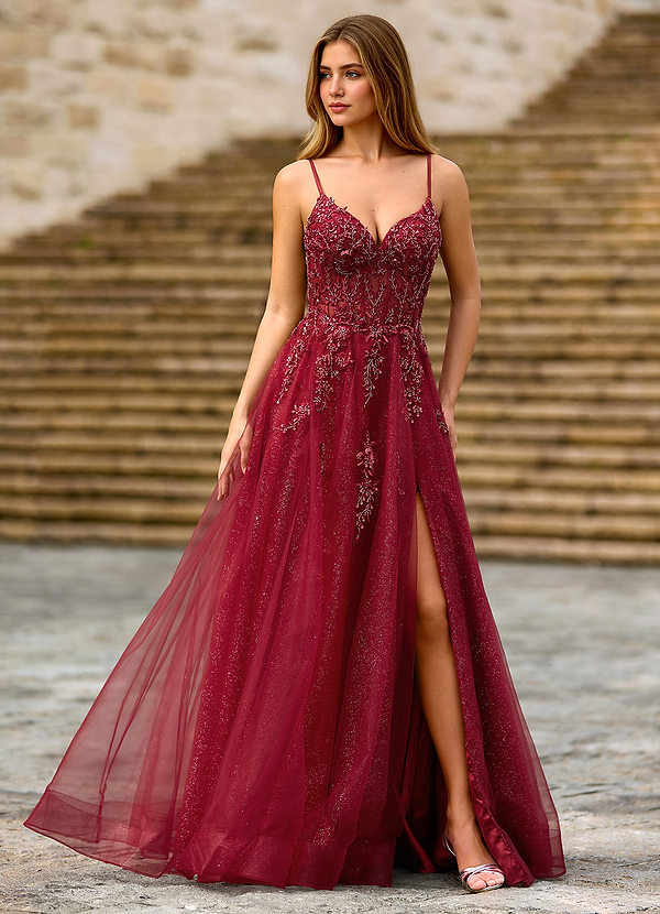 Milliener Burgundy Tulle Flowers Prom Dress image1