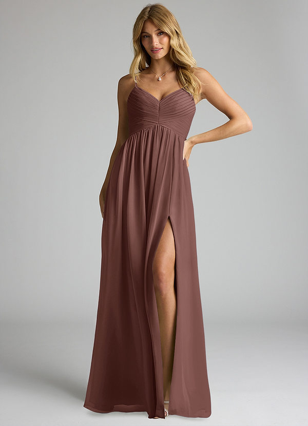 Azazie Alia Bridesmaid Dresses Espresso A-Line Pleated Chiffon Dress image1