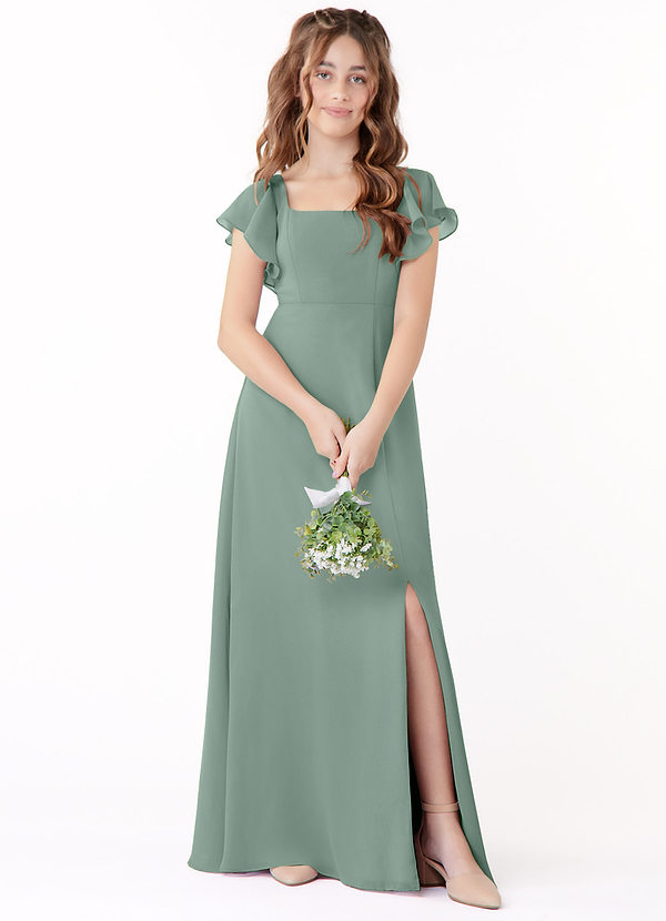Azazie Bondi Junior Silver Sage A-Line Bow Chiffon Dress image1