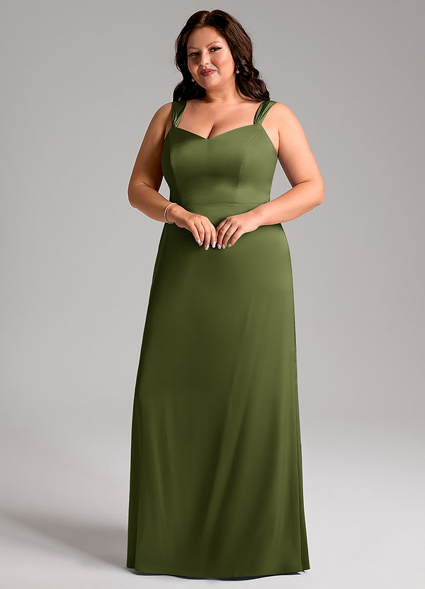 Azazie Denice Vestidos Dama de Honor Vestido de Oliva de Satén Elástico de Corte Recto con Plisado image1