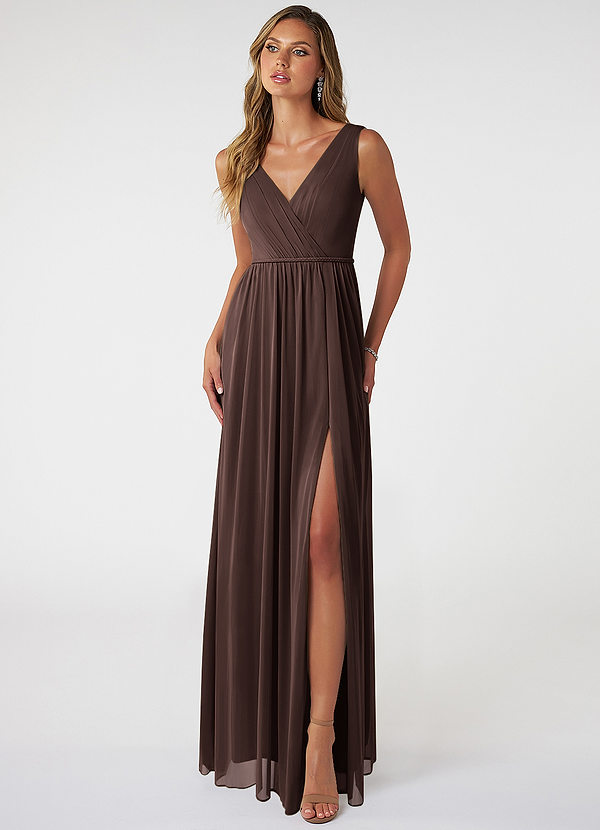 Azazie Tanicia Bridesmaid Dresses Ganache A-Line V-Neck Pleated Mesh Dress image1