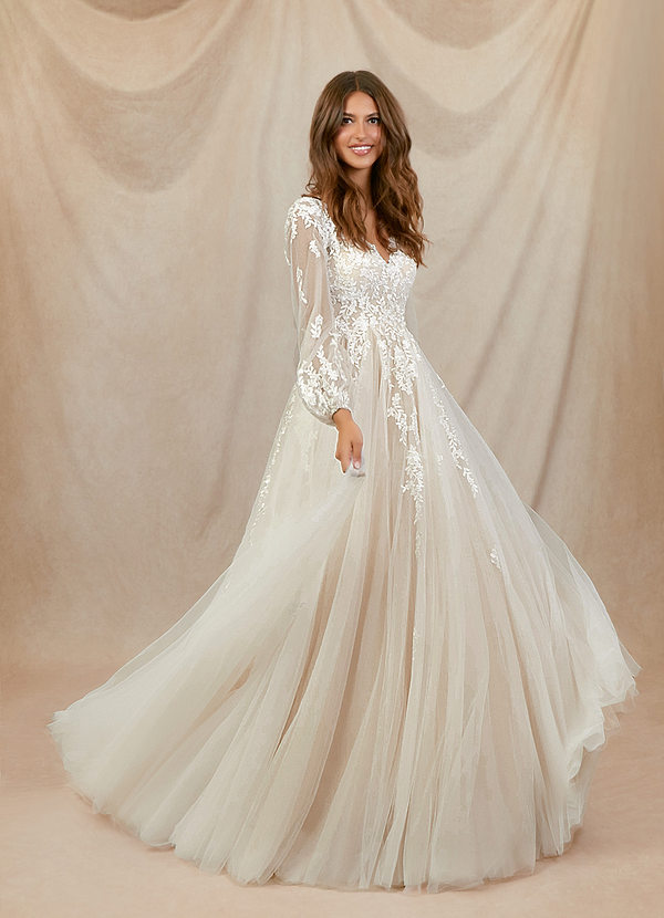 Azazie Anadia Wedding Dresses Diamond White Nude A-Line V-Neck Tulle Dress image1