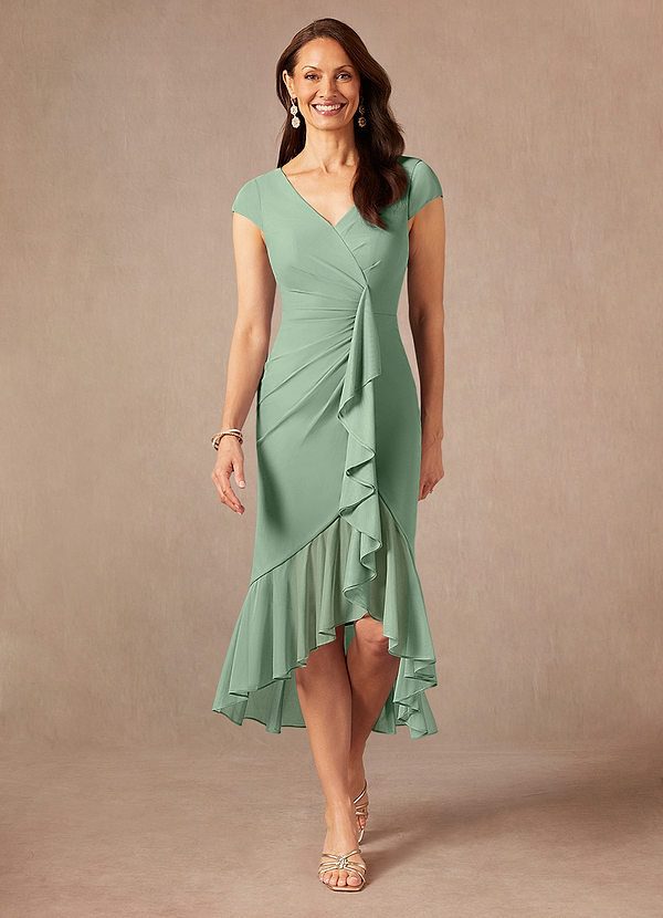 Azazie Renetta Mother of the Brides Dresses Matcha Sheath V-Neck Pleated Mesh Dress image1