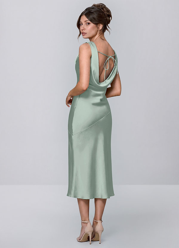 Inez Agave Verde Vestido midi de satén con escote drapeado y lazo en la espalda image1