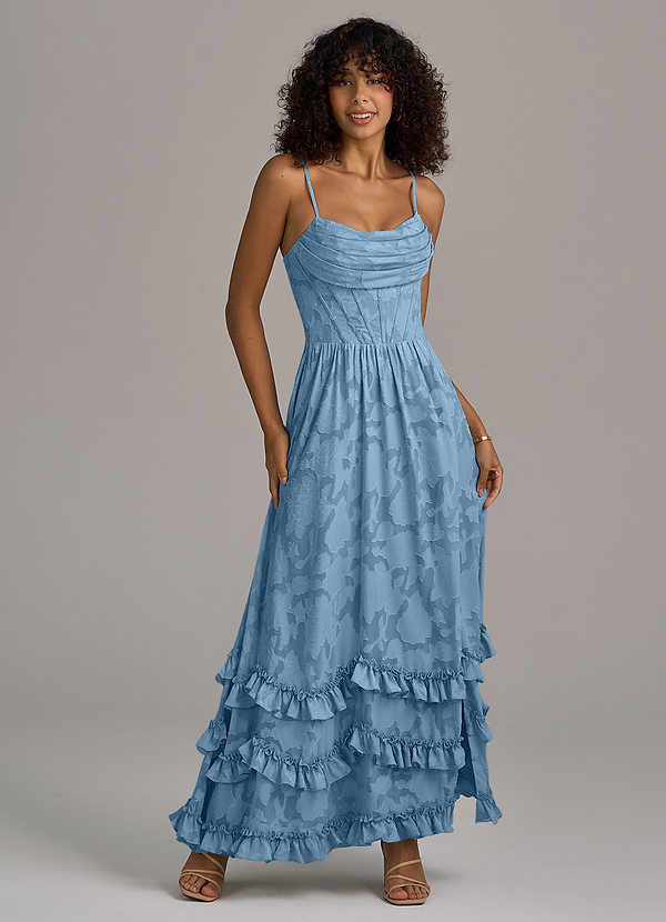 Azazie Lettie Bridesmaid Dresses Steel Blue A-Line Corset Floral Burnout Dress image1