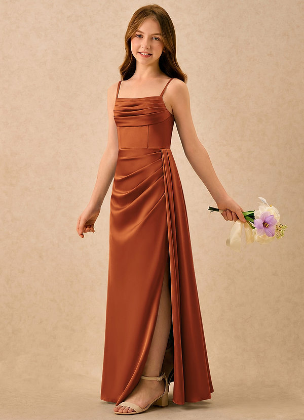 Azazie Shyla Girls Formal Flower Girl Dresses Cinnamon Sheath Pleated Stretch Satin Dress image1