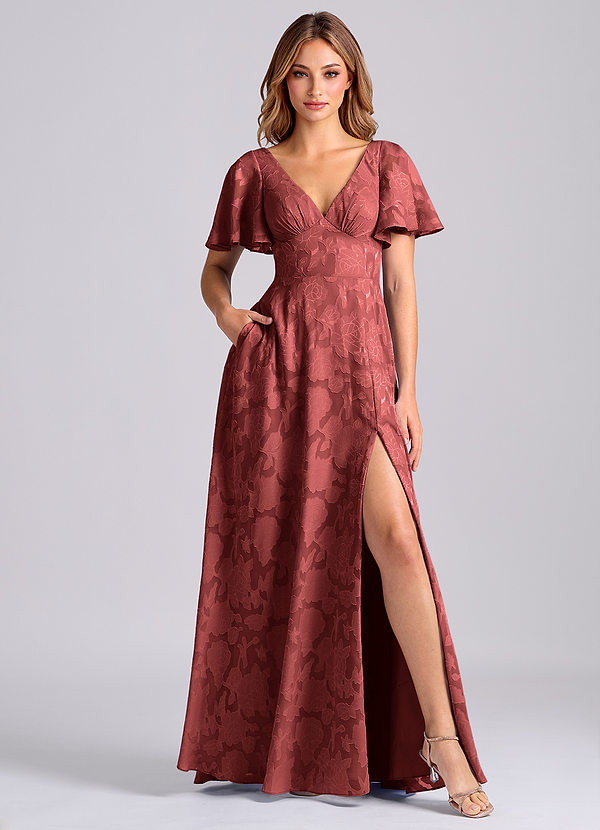 Azazie Kimber Brautjungfernkleider A-Linie mit Taschen Blumen-Burnout Kleid Terrakotta image1