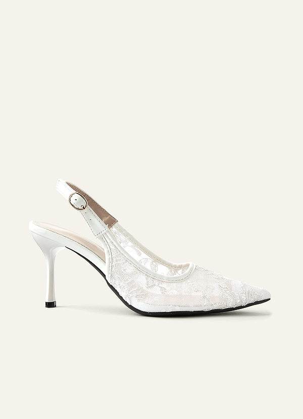 front Embroidered Tulle Pointed Toe Slingback Heels