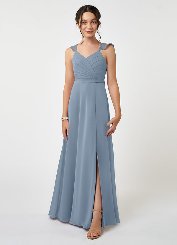 Azazie Emily Junior Dusty Blue A-Line Ruched Chiffon Dress image1