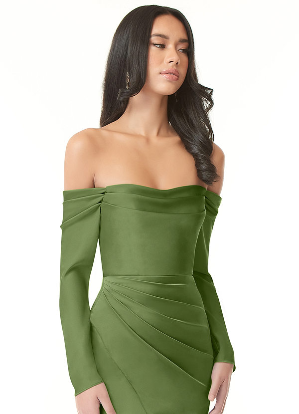 Azazie Hallie Bruidsmeisjes Jurken Converteerbaar Jurk van Stretch Satijn met Zeemeermin Off-the-shoulder lange mouw Jeneverbes image1