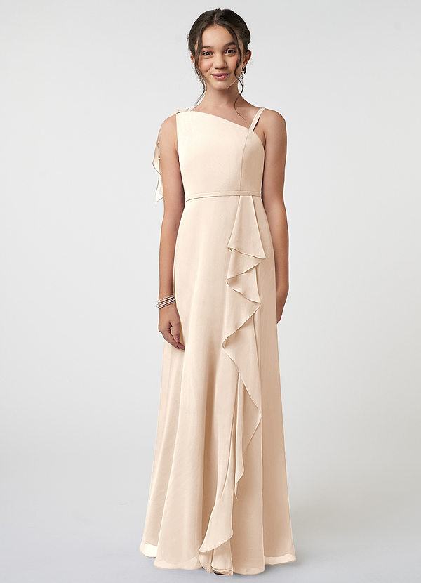 Azazie Aidy Junior A-Linie Schleifen Chiffon Kleid Alabaster Weiß image1