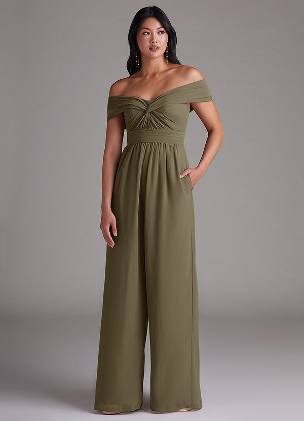 Azazie Lamara Robes Demoiselle d'honneur Combinaison Convertible en Mousseline de soie Épaule décolletée Vert Saule image1
