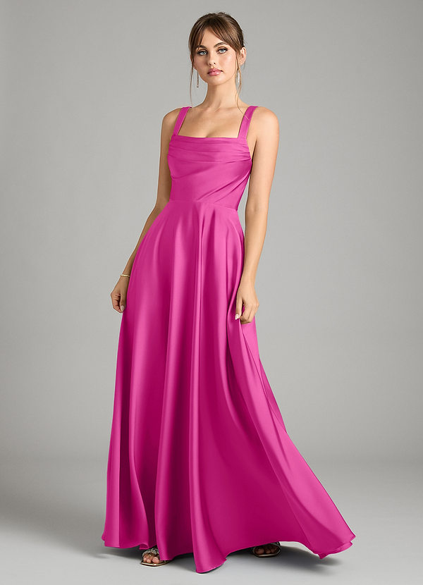 Azazie Shaude Bridesmaid Dresses Fuchsia A-Line Pleated Stretch Satin Dress image1