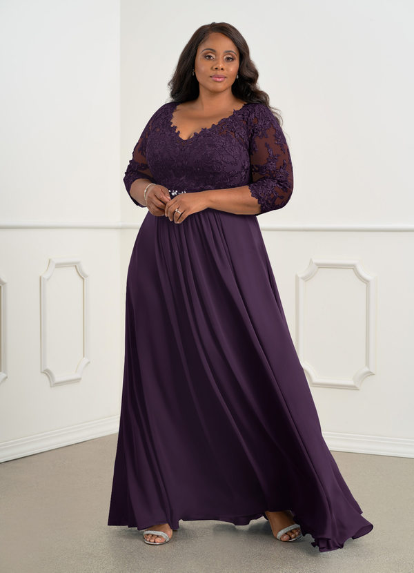 Azazie Hayek Mother of the Brides Dresses Plum A-Line V-Neck Lace Chiffon Dress image1