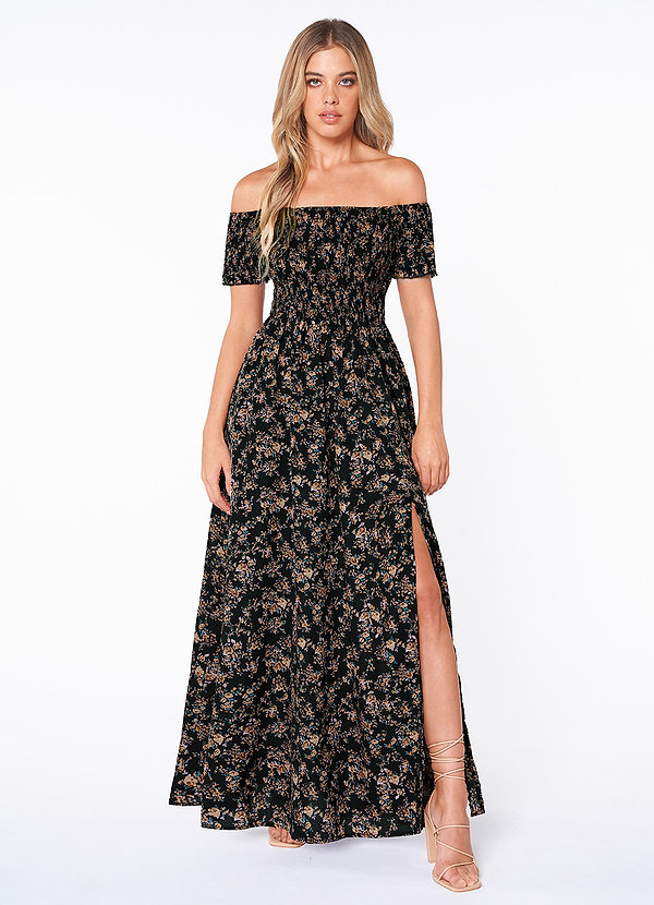 front Davie Black Floral Print Off-The-Shoulder Smocked Maxi Dress