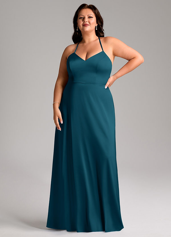 Azazie Mei Abiti da Damigella Abito A-Line in Raso Elasticizzato con Scollo a V Blu Inchiostro image1