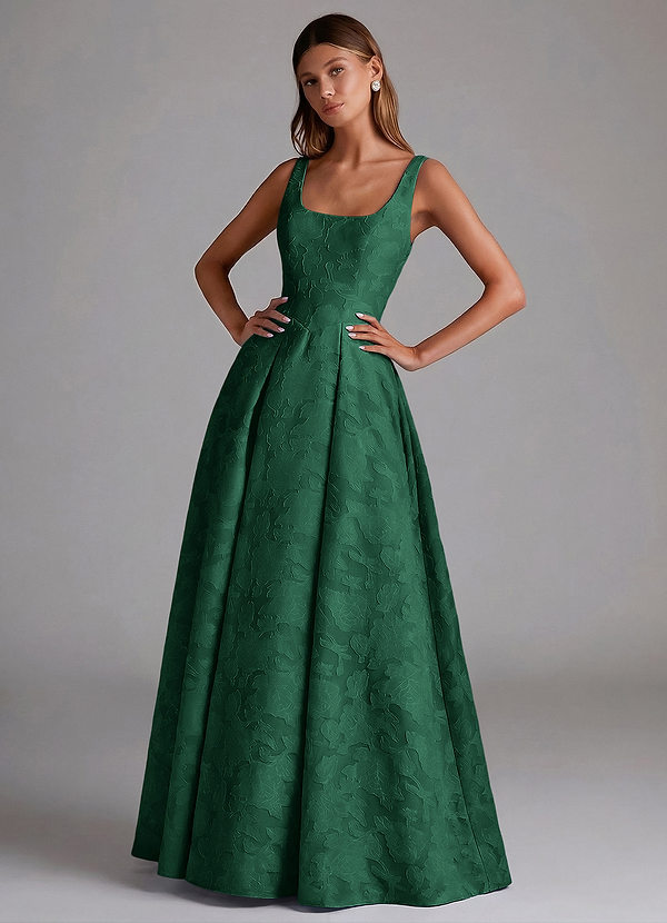 Azazie Amalie Bridesmaid Dresses Dark Green A-Line Pleated Floral Burnout Dress image1