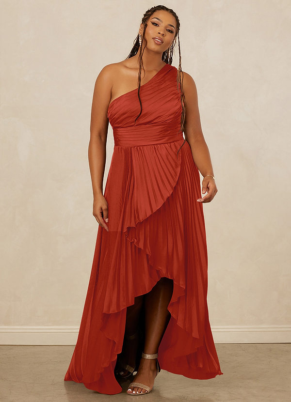 Christian Siriano Bridal for Azazie 1008 Robes Demoiselle d'honneur Robe Trapèze en Satin extensible Ue épaule Rouille image1