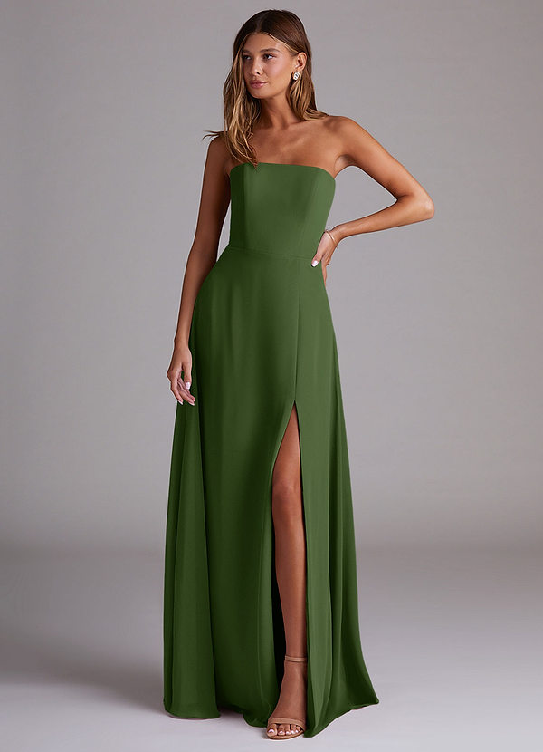 Azazie Wren Bridesmaid Dresses Vestir Oliva de Chiffon de Linha A com Fenda Lateral image1