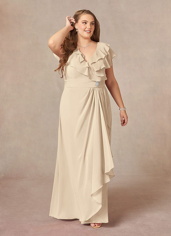 Azazie Snapdragon Mother of the Brides Dresses Champagne A-Line V-Neck Ruched Chiffon Dress image1