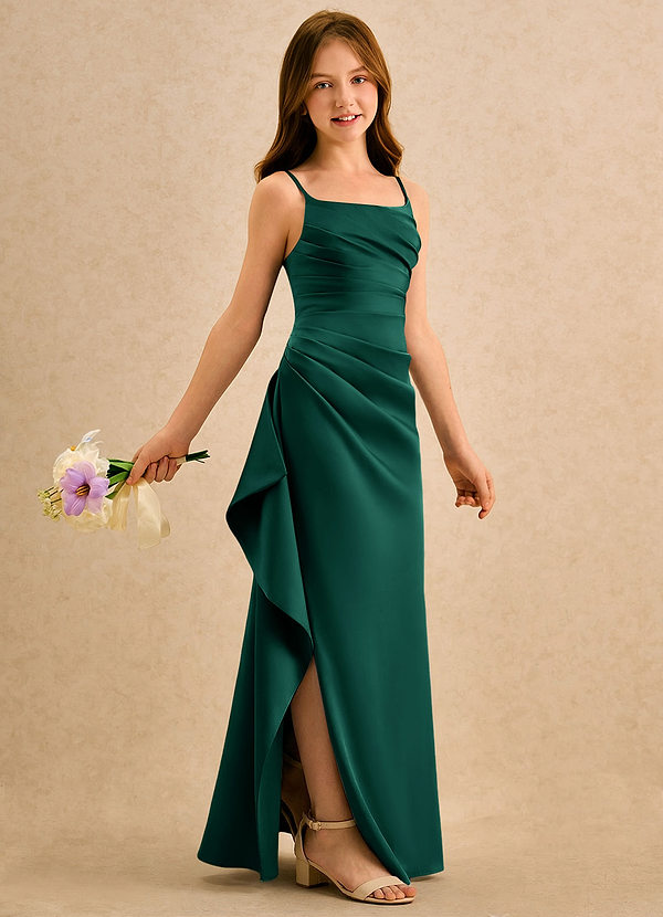 Azazie Cannoli Girls Formal Robes de Fillette d'Honneur Robe Trapèze en Satin extensible Plissée émeraude image1