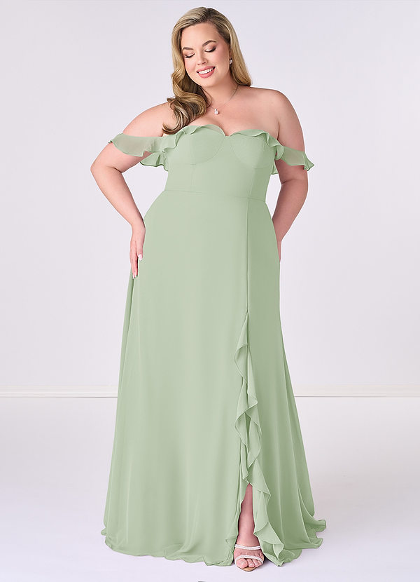 Barbie ♥ Azazie Bruidsmeisjes Jurken Converteerbaar Jurk van Chiffon met A-Lijn Off the Shoulder Stoffige Salie image1