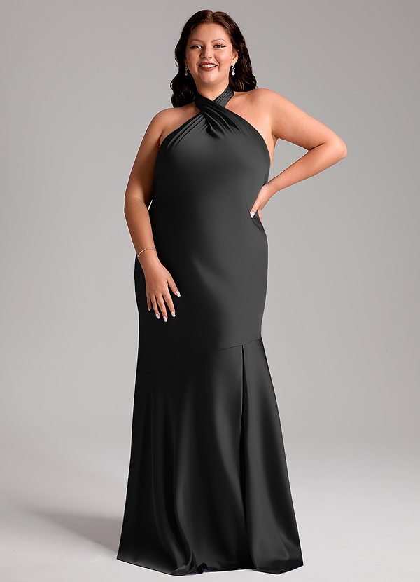 Azazie Lorena Robes Demoiselle d'honneur Robe Sirène en Satin extensible Plissée Noir image1